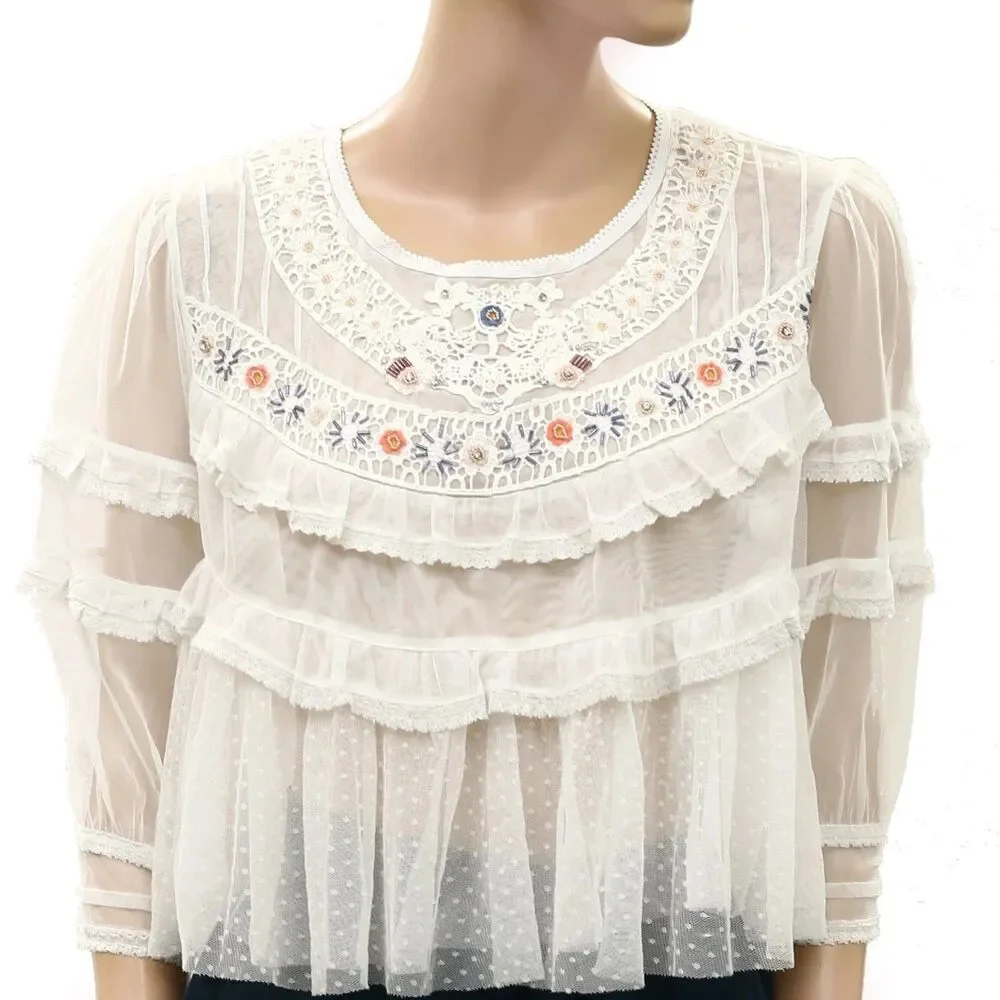 Free People Daisy Daze Blouse Top Ruffle Embroidered Lace Sheer Sequin XS 289937